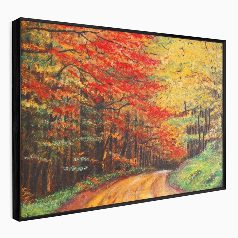 Tablou canvas cu pictura peisaj cu drum prin padure toamna, in rama de aluminiu negru